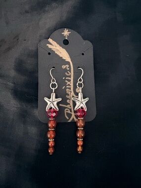 Elegant Silver Star & Red Carnelian Dangle Earrings by Phoenixic3- Women Jewelry